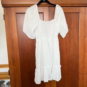 Jodifl White Smocked Babydoll Tiered‎ Tie Back Stretch Mini Dress Small EUC